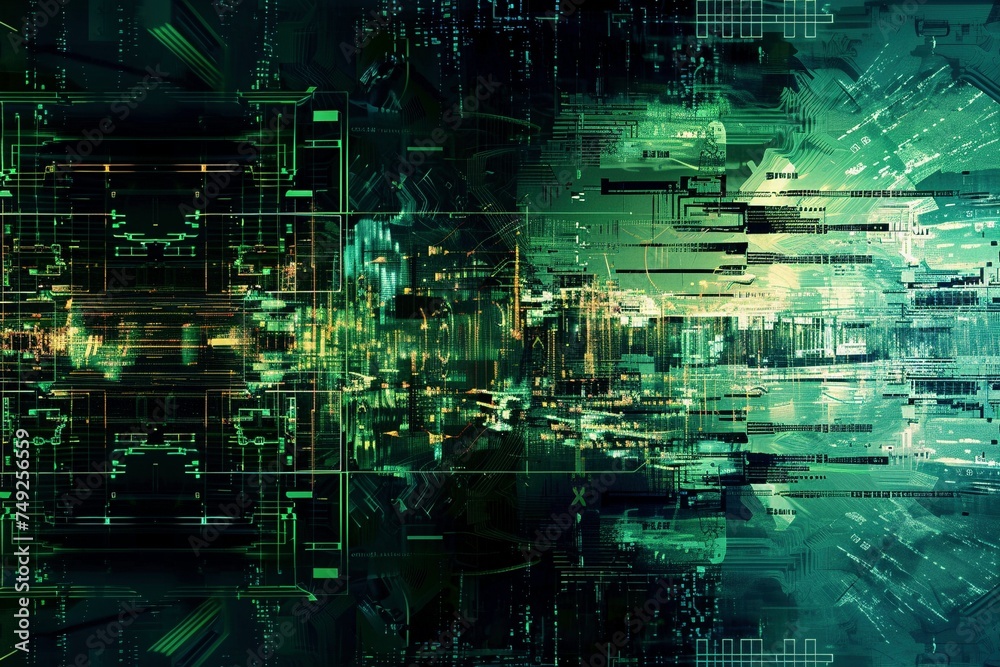 Futuristic Border Design: High-Tech Pattern Poster Border with Dark Colors, Greens, and Blues, Resembling a High-Tech Computer Screen Futuristic Border Design: High-Tech Pattern Poster Border with Dark Colors, Greens, and Blues, Resembling a High-Tech Computer Screen