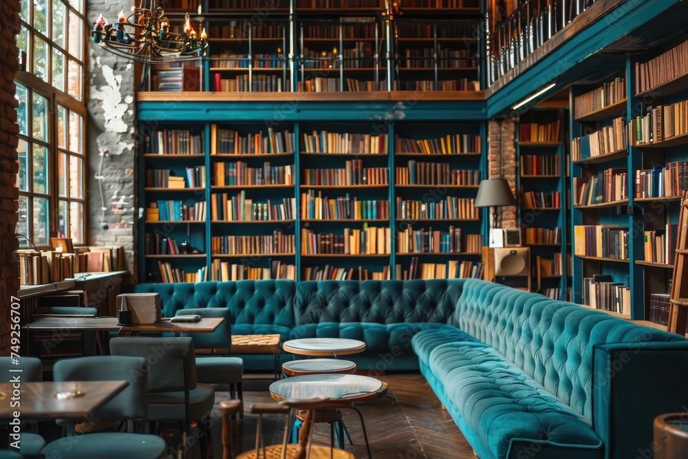 A modern library, but furnished in an old style, with wooden shelves and wood-effect furniture. Generative ai. Interior A modern library, but furnished in an old style, with wooden shelves and wood-effect furniture. Generative ai. Interior