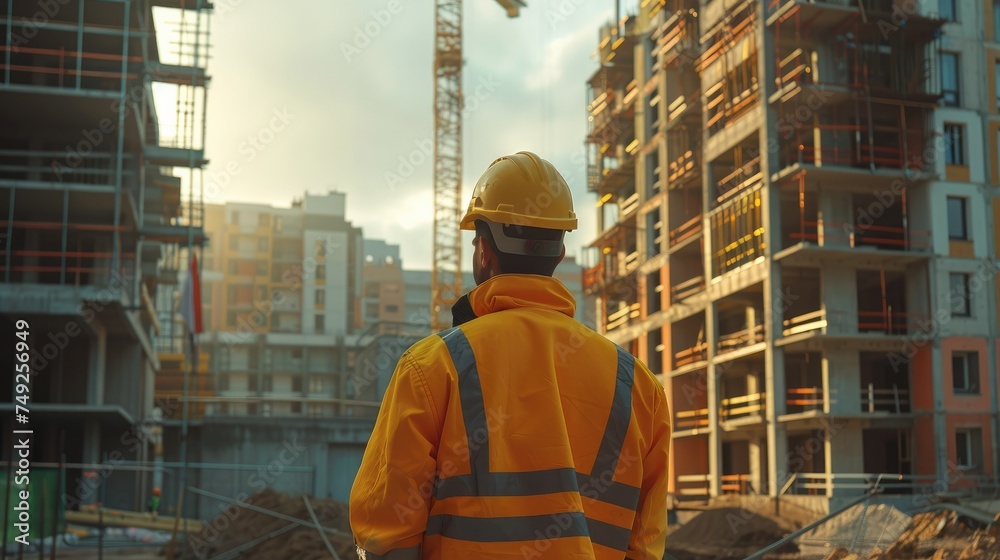 Construction engineer working on building site. Generative AI.