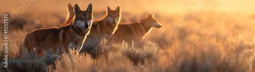 Dingo family standing in front of the camera in the rocky plains with setting sun. Group of wild animals in nature. Horizontal, banner. © linda_vostrovska
