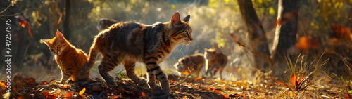 Wild cat family in the forest in the summer evening with setting sun. Group of wild animals in nature. Horizontal, banner.