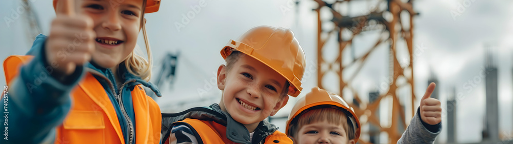 Group of children doing their dream job as Civil Engineers at the construction site with crane and building in the background. Concept of Creativity, Happiness, Dream come true and Teamwork. - obrazy, fototapety, plakaty 