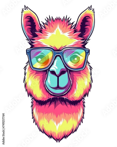 Llama cartoon wearing headphones, character mascot illustration with pop art style, t-shirt and poster print design, isolated background © Instacraft.Studio