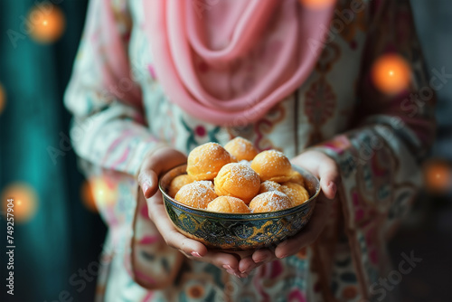 Close up shot of a muslim woman holding a bowl of cak 