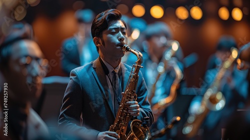 A jazz concert, young male saxophone player standing the central on the stage. Generative AI.