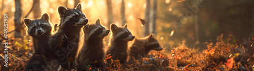 Racoon dog family in the forest with setting sun shining. Group of wild animals in nature. Horizontal, banner.