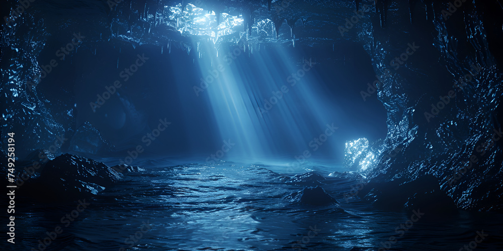 Deep Sea Water Abyss With Blue Sun light.