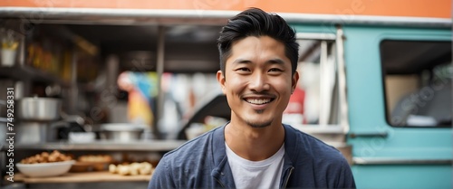Small business owner young asian man at front of food truck smiling looking at camera from Generative AI