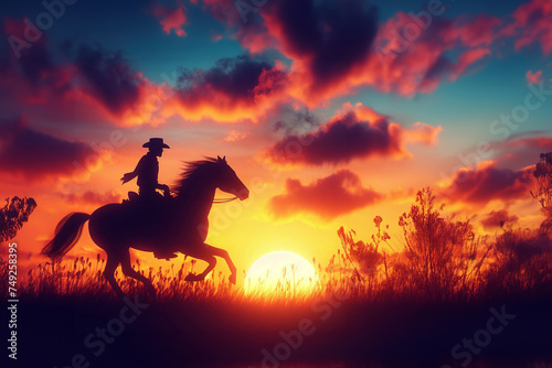 Silhouette of a horse and a rider against dramatic evening storm clouds  Cowboy rides into the sunset generative ai