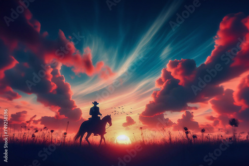 Silhouette of a horse and a rider against dramatic evening storm clouds, Cowboy rides into the sunset generative ai photo