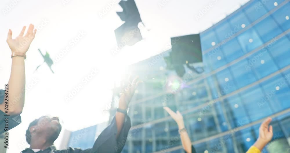 Students, graduation and caps in sky for celebration of diploma or degree achievement with happiness for end of semester. Graduates, university and ceremony for success or milestone with lens flare.