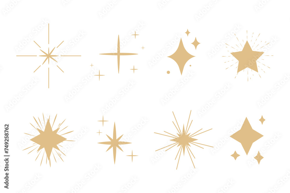 Star blink doodle gold sparkle, set sparkle fireworks, holiday party explosion isolated on white background. Golden magic celestial starburst. Vector illustration - obrazy, fototapety, plakaty 