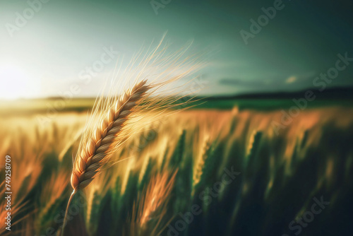 Close up wheat, harvest, virgo, ear of wheat plants in the field nice landscape background, generative ai photo