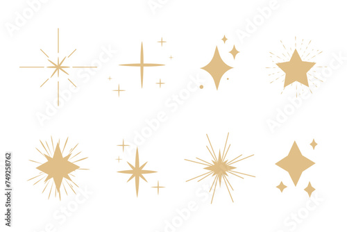 Star blink doodle gold sparkle, set sparkle fireworks, holiday party explosion isolated on white background. Golden magic celestial starburst. Vector illustration photo