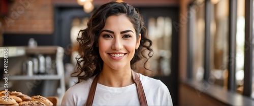 Small business owner young hispanic woman at entrance of cafe smiling looking at camera from Generative AI