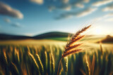 Close up wheat, harvest, virgo, ear of wheat plants in the field nice landscape background, generative ai