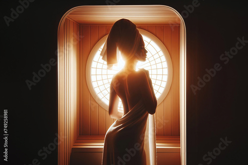 Young woman relaxing and sweating in hot traditional wooden sauna wrapped in towel.  Spa treatment, alternative beauty therapy. Generative ai