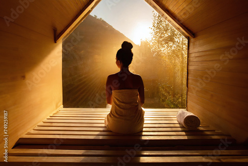 Young woman relaxing and sweating in hot traditional wooden sauna wrapped in towel. Spa treatment, alternative beauty therapy. Generative ai