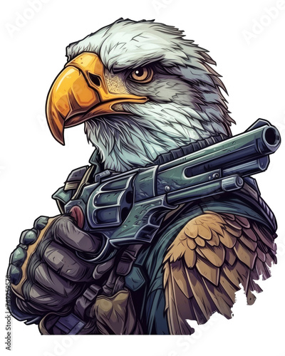 The eagle wears a vintage American pilot suit and holds a gun in a realistic watercolor style, for t-shirt and sticker print design, isolated background photo