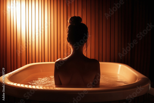 Young woman relaxing and sweating in hot traditional wooden sauna wrapped in towel.  Spa treatment, alternative beauty therapy. Generative ai