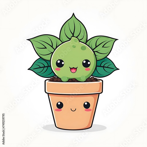 Beautiful vector cute plant in pot kawaii character white background