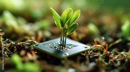 a computer chip illustrates an eco friendly concept of new life