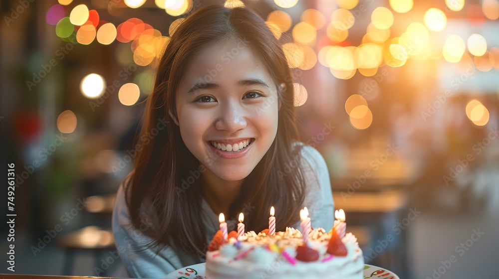 Beautiful asian young woman with cake celebrating birthday on street background. Cheerful and happy face.