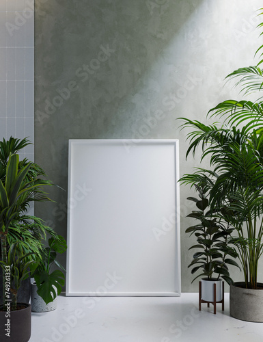 Mock up poster in beautiful bathroom, Floral background, palms plant.