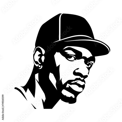 Black man african-american rapper wearing a cap black and white vector illustration isolated transparent background logo, cut out or cutout t-shirt print design
