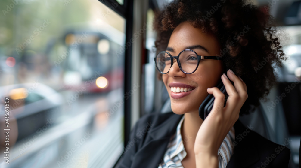 Smiling young woman in glasses on a call, city commute backdrop.