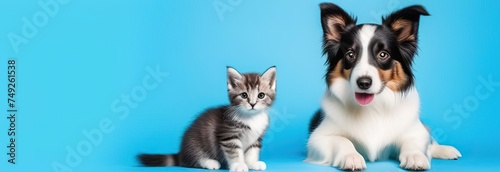 Puppy dog border collie and little grey kitten and stethoscope isolated on light blue background. Little dog on reception at veterinary doctor in vet clinic. Pet health care and animals concept Banner photo