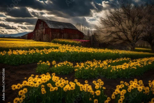 red barn and flowers