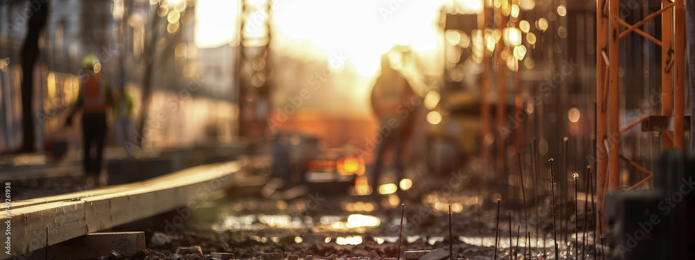 A construction site with workers in orange vests - obrazy, fototapety, plakaty 