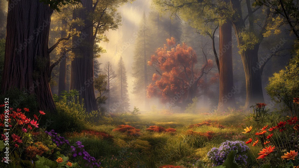 Beautiful colorful forest with flowers and lawn with fog in the junkle.