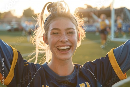 Triumphant Glory: Captivating Close-Up Shot of Female College Soccer Player Celebrating Victory on Field in Mid-Afternoon Sunlight