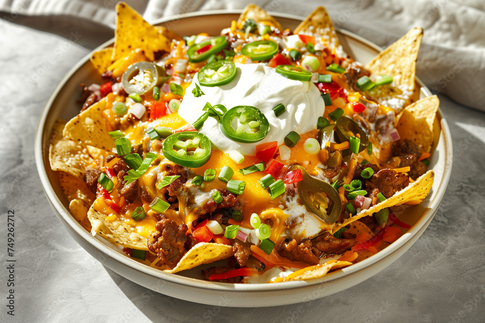 bowl of beef nachos with melted cheese in editorial food photography style on concrete rustic background bowl of beef nachos with melted cheese in editorial food photography style on concrete rustic background
