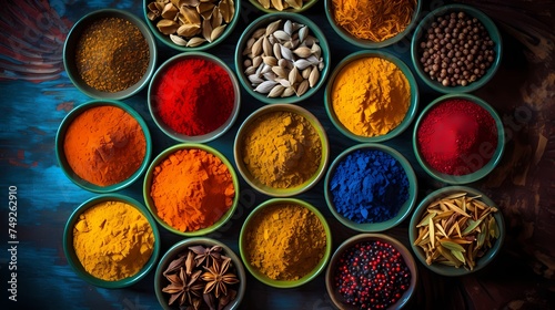 A collection of colorful spices in small ceramic bowls.