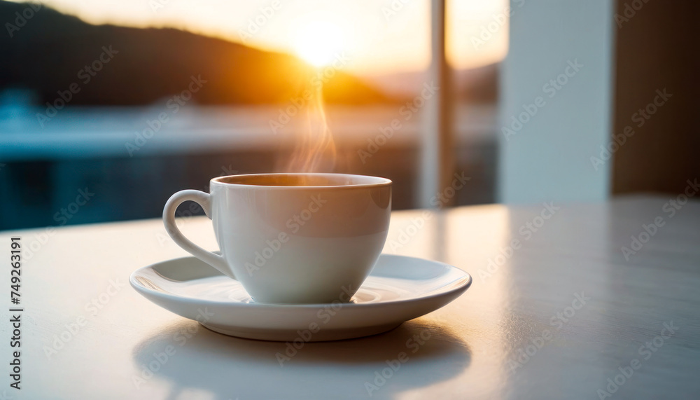 Morning Coffee: A white cup filled with steaming coffee rests on a clean white table, casting a subtle shadow. creating a serene morning scene. Morning Coffee: A white cup filled with steaming coffee rests on a clean white table, casting a subtle shadow. creating a serene morning scene.
