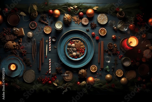 Overhead shot capturing the magic of a festive atmosphere, with carefully arranged decorations forming an attractive background for text.