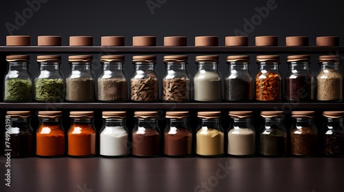 A collection of various spices arranged in glass jars.
