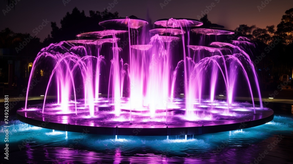 A futuristic floating fountain featuring LED lights illuminating synchronized water displays - obrazy, fototapety, plakaty 