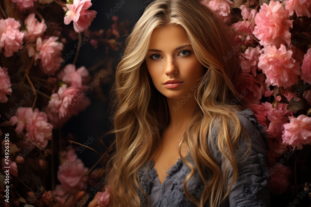 Young woman portrait with smoky look and vibrant flowers on light neutral background