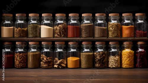 A collection of various spices arranged in glass jars.