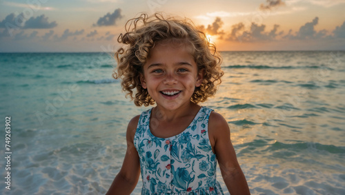 Bambina con i capelli ricci e biondi sorridente  sulla spiaggia di un isola tropicale in una giornata di sole durante una vacanza