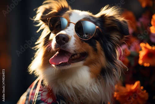 Fashionable dog wearing chic clothes and vibrant sunglasses enjoying sunny day outdoors