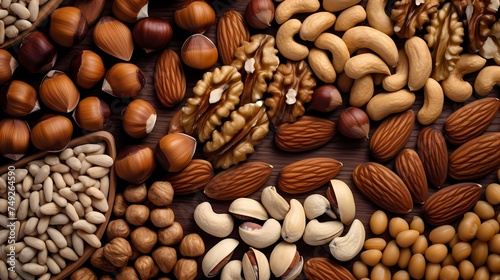 A composition of various nuts in their shells, suitable for nutrition and healthy living concepts.