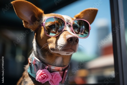 Fashionable dog with bright sunglasses and trendy clothes enjoying a sunny day outdoors © vetrana