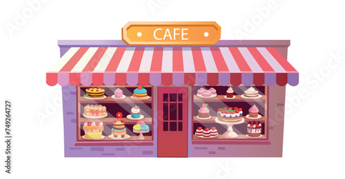 Cafe or Candy store. Pastry and cake shop. cakes and pastries are on the shelves. Set of holiday cakes and pastries.