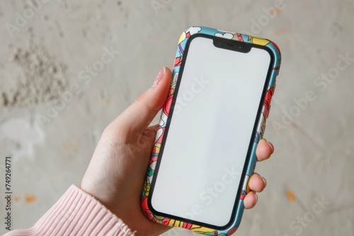 person holding a mobile phone, focusing on the blank screen