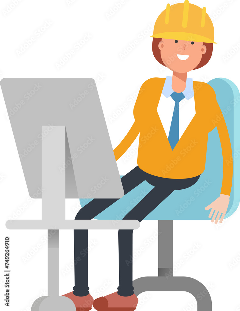 Woman Engineer Character Working on Desktop
